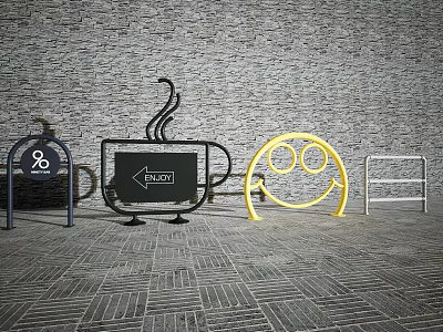 Creative Decorative Railings With Smiley Face Coffee Cup And Bicycle Patterns 3d model