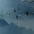 Ethereal Bird Shaped Chandeliers Hanging Over Ink Painting Mountain And Light Blue Gray Sky