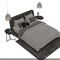 Modern Double Bed With Gray Quilt Pillows Dark Headboard And Pendant Lights