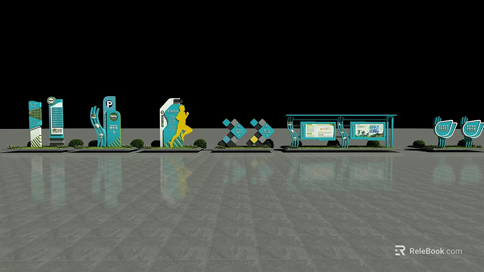 Modern Wayfinding Signage System With Column Signs Information Boards And Geometric Design 3d model 
