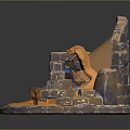 Cartoon Scene with Stone Arch Orange Lava Pool and Blue Glowing Runes Around Central Altar
