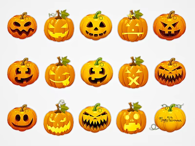 Collection of Colorful Carved Halloween Pumpkins With Different Facial Expressions 3d model