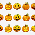 Collection of Colorful Carved Halloween Pumpkins With Different Facial Expressions