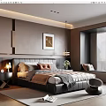 Elegant Modern Bedroom Interior With Upholstered Headboard Bedding Nightstand Lamp Wall Art And Pendant Light