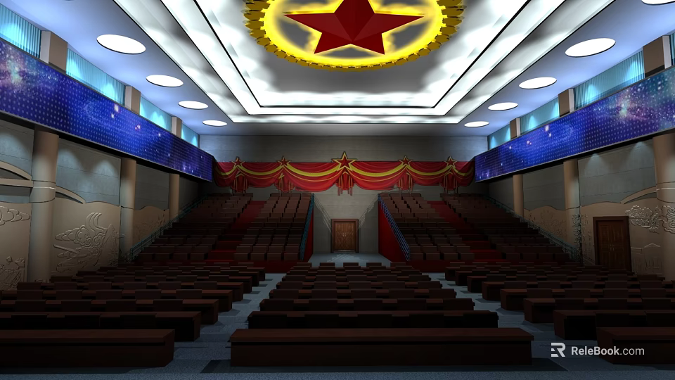 Spacious Conference Hall Interior Featuring Red Star Ceiling Yellow Decor Red Curtains And Blue Walls 3d model 