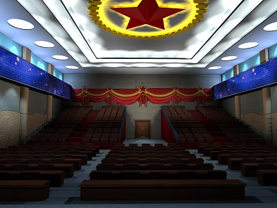 Spacious Conference Hall Interior Featuring Red Star Ceiling Yellow Decor Red Curtains And Blue Walls 3d model