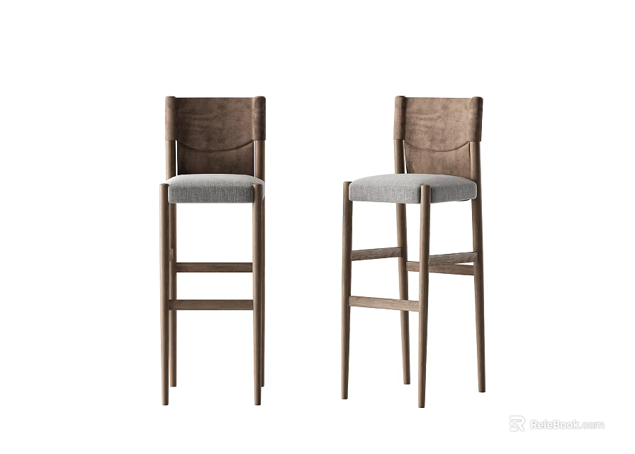 Modern Wooden Frame Bar Stools With Gray Fabric Seats And High Back Design 3d model 