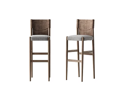 Modern Wooden Frame Bar Stools With Gray Fabric Seats And High Back Design 3d model