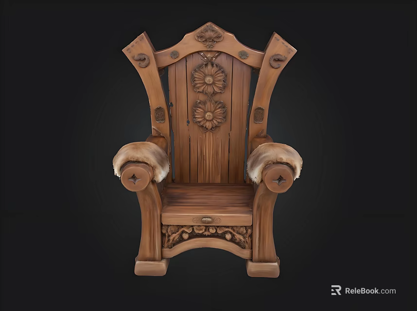 Carved Wooden Chair With Ornate Floral Pattern On Backrest And Sturdy Armrests 3d model 