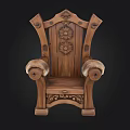 Carved Wooden Chair With Ornate Floral Pattern On Backrest And Sturdy Armrests