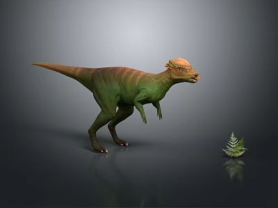 Green And Brown Dinosaur With Orange Back Prominent Head Small Fern Plant Gray Background 3d model