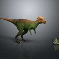 Green And Brown Dinosaur With Orange Back Prominent Head Small Fern Plant Gray Background