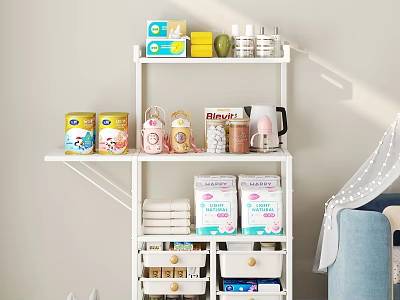 White Home Storage Shelf Featuring Food Cans Coffee Kettle Towels And Drawer Organizers 3d model