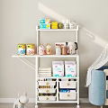 White Home Storage Shelf Featuring Food Cans Coffee Kettle Towels And Drawer Organizers