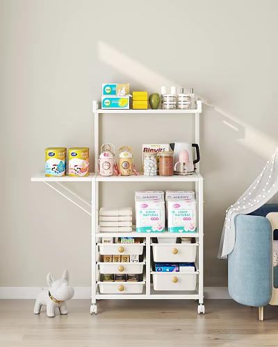 White Home Storage Shelf Featuring Food Cans Coffee Kettle Towels And Drawer Organizers 3d model