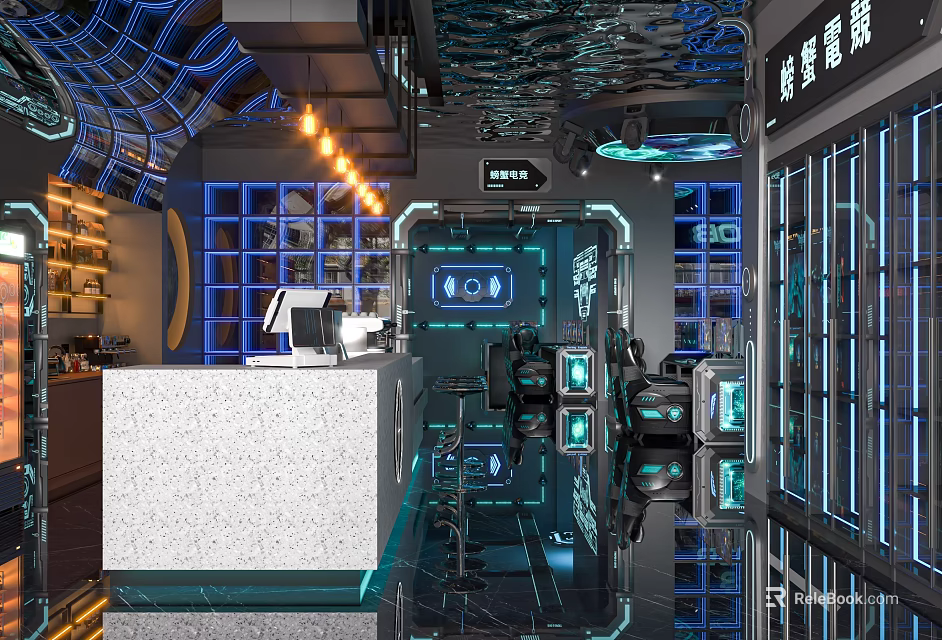 Futuristic Cyber Cafe Interior With Blue Lighting Computer Setups And Bar Counter 3d model