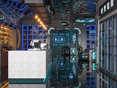 Futuristic Cyber Cafe Interior With Blue Lighting Computer Setups And Bar Counter 3d model