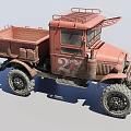 Old Red Rusty Utility Truck With Large Tires Open Bed And Roof Rack