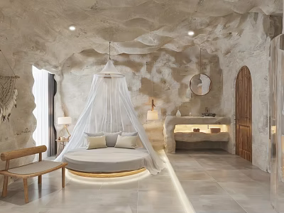 Cave Inspired Hotel Room Featuring Round Bed White Canopy Wooden Bench Stone Walls Circular Mirror 3d model