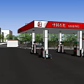 Modern Road Facility Sinopec Gas Station With Red Canopy Fuel Pumps And Parking Area