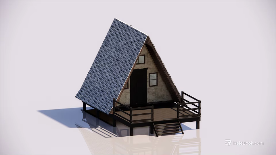Charming Detached House With Gable Blue Tiled Roof Wooden Deck Railing And Steps 3d model 
