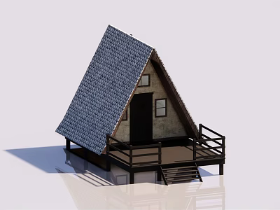 Charming Detached House With Gable Blue Tiled Roof Wooden Deck Railing And Steps 3d model