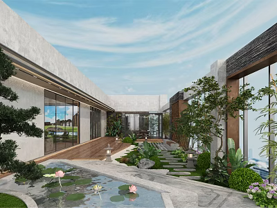 Tranquil Modern Courtyard Garden With Pond Water Lilies Stone Path And Lush Green Plants 3d model