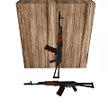 Military Rifles With Wooden Stock And Black Barrel Leaning Against Wooden Background Cross On Floor