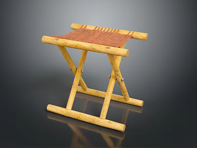 Handcrafted Wooden Folding Stool With Woven Seat And Cross Leg Structure 3d model