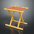 Handcrafted Wooden Folding Stool With Woven Seat And Cross Leg Structure
