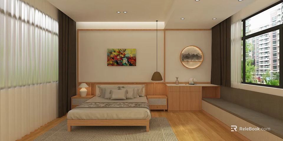 Modern Hotel Guest Room Interior With Wooden Bedside Tables Pendant Lamp And Wall Paintings 3d model 
