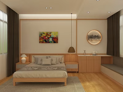 Modern Hotel Guest Room Interior With Wooden Bedside Tables Pendant Lamp And Wall Paintings 3d model