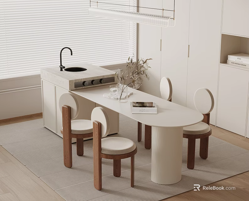 Elegant White Dining Table Set With Wooden Chairs And Kitchen Cabinets Decoration 3d model 