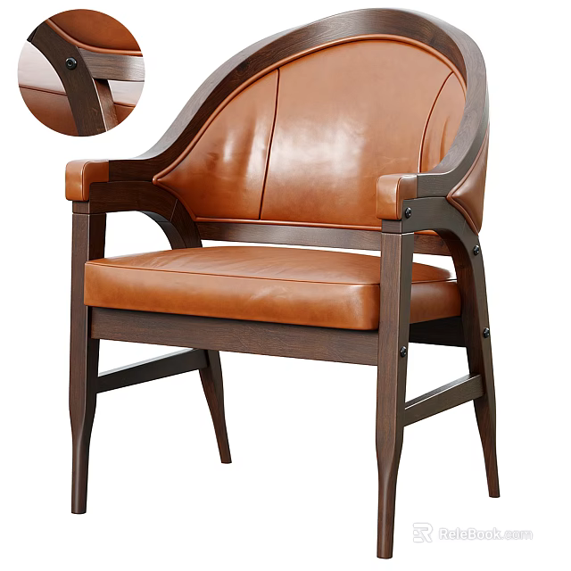 Stylish Brown Leather Dining Chair With Solid Wooden Frame And Comfortable Armrests 3d model 