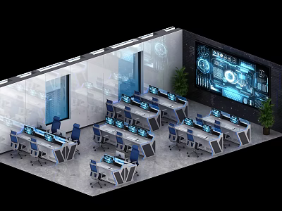 Modern Control Room With Multiple Monitoring Screens Workstations Digital Displays And Plants 3d model