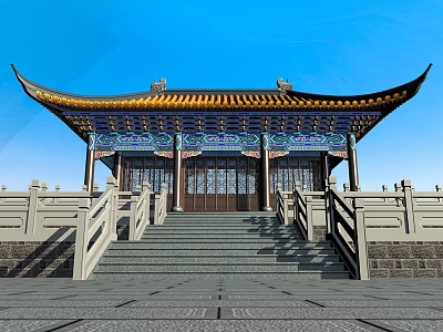 Traditional Ancient Chinese Building With Curved Roof Colorful Decorations Yellow Tiles And Stone Steps 3d model