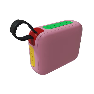Pink Portable Power Bank With Green Panel And Black Strap Design 3d model