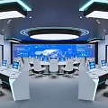 Modern Control Room With Large Blue Display Screens Multiple Workstations Computers And White Ergonomic Chairs 3d model