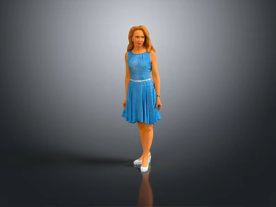 Woman In Blue Dress Standing On Gray Background With White Shoes 3d model