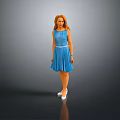 Woman In Blue Dress Standing On Gray Background With White Shoes