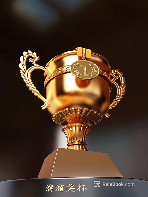 Shiny Gold Trophy With Decorative Handles Number 1 Medal And Ribbon 3d model 