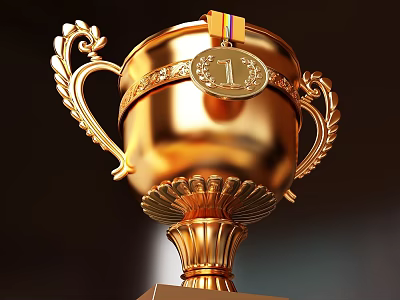 Shiny Gold Trophy With Decorative Handles Number 1 Medal And Ribbon 3d model