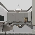 Modern Dining Living Room Interior With Round Table Chairs Chandelier and Sofa
