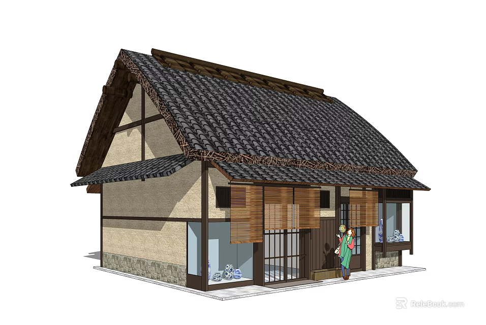 Traditional Style Commercial Complex With Tile Roof Wooden Structure And Bamboo Screens 3d model 