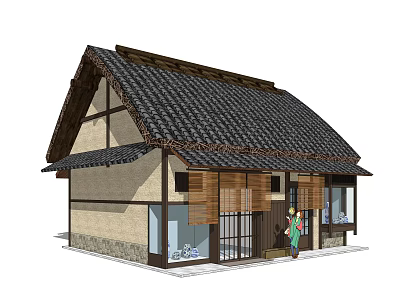 Traditional Style Commercial Complex With Tile Roof Wooden Structure And Bamboo Screens 3d model