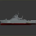 Modern Military Warship With Number 375 Red And White Hull Radar System And Deck