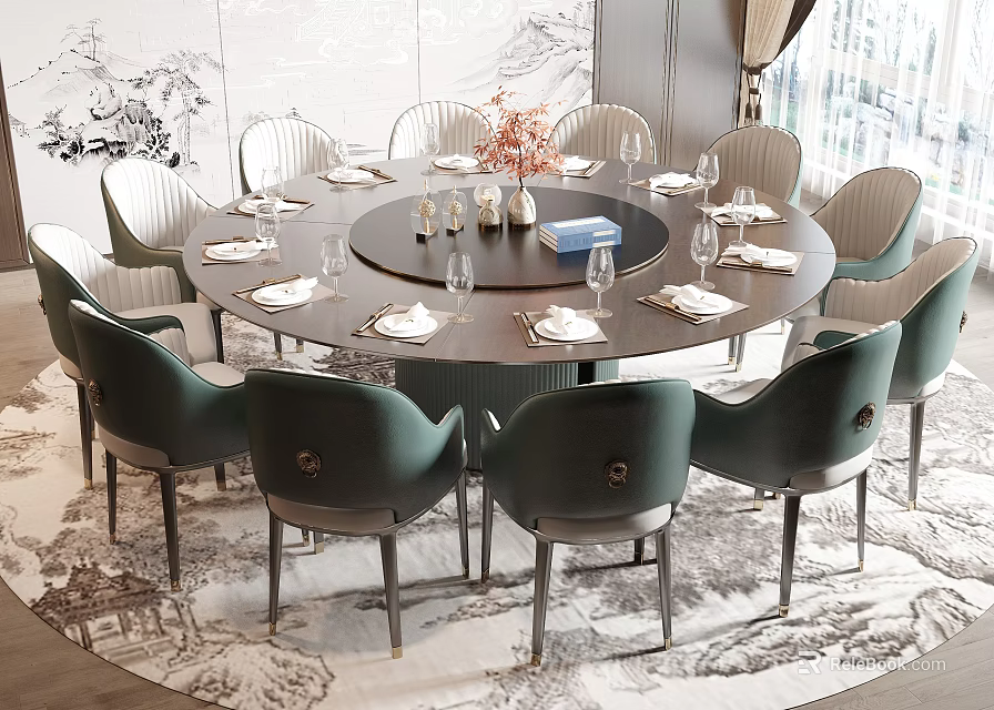 Elegant Round Dining Table Set With Green Chairs And Tableware On Patterned Rug 3d model
