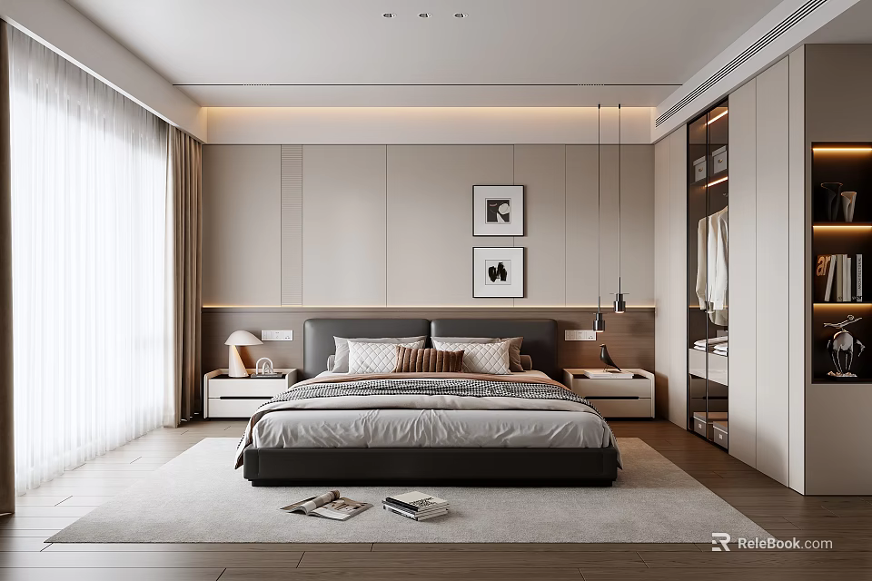 Modern Minimalist Bedroom Interior With Framed Artworks Nightstands Lamps Area Rug And Curtains 3d model 