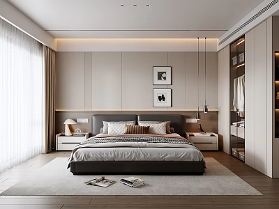 Modern Minimalist Bedroom Interior With Framed Artworks Nightstands Lamps Area Rug And Curtains 3d model