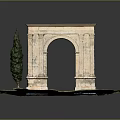 Scenic Landscape With Ancient Stone Arch Cypress Tree Green Grass And Calm Water Area